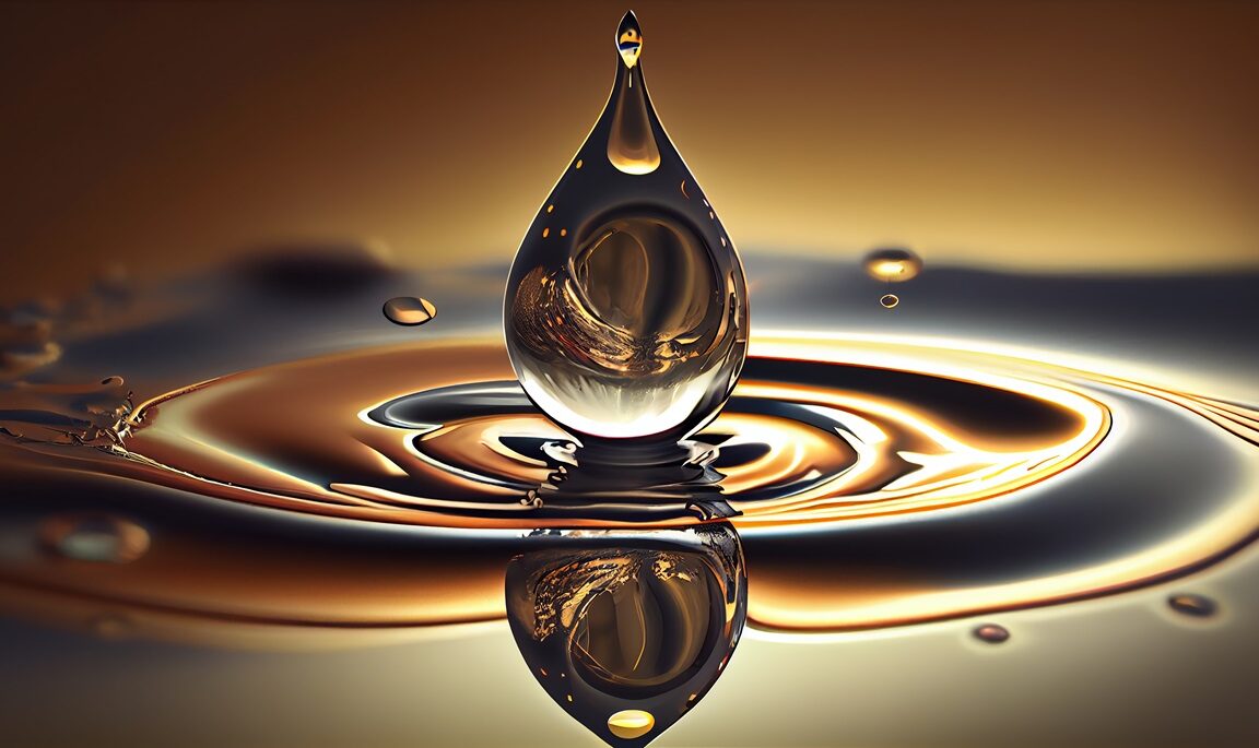 A droplet falls reflecting wave patterns on water generated by artificial intelligence